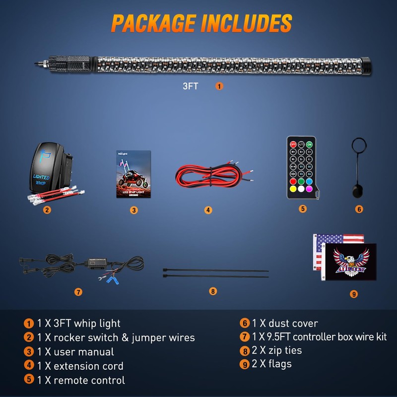 Nilight LED Fat Whip Light 1PC 3FT RGB Lighted Antenna