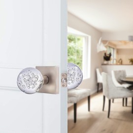 HIEMEY Passage Hall Closet Door Knobs Interior, Round Clear Bubble Crystal Glass Door Knobs Brushed Nickel, Keyless Glass Door Knob Set, BS-023