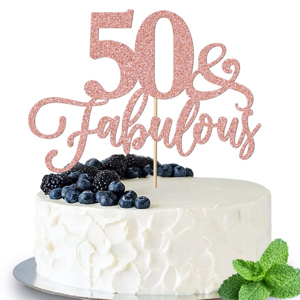 Trelsan 50 & Fabulous decoración para tartas de oro rosa – Decoración destacada para cumpleaños 50/boda/aniversario