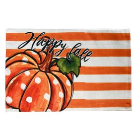 WAZAIGUR Fall Placemats, Pumpkin with White Dot, Orange White Stripes, Happy Fall, Heat-Insulated Washable Autumn Place Mats Fall Table Mats Cotton and Linen Woven Placemats, Fall Placemats Set of 4