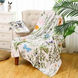 Buryeah Spring Throw Blanket Wildflowers Butterfly Blanket Green Wild Flower Plant Blankets 60 x 50 Inches Vintage Herbs Blanket Colorful Wild Flowers Printed Flannel Blanket for Bed Sofa Chair