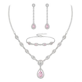 EVER FAITH Bridal Jewelry Set Stunning Teardrop Cubic Zirconia October Birthstone Necklace Bracelet Earrings for Woman Pink Silver-Tone