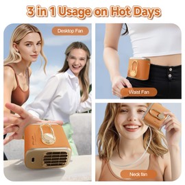 Yincook Portable Small Desk Fan, Mini Waist Clip Fan, Wearable Neck Fan, Rechargeable 3 Speeds Outdoors Travel Office(Orange)