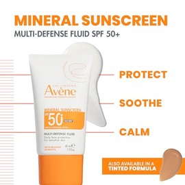Avène Mineral Sunscreen Multi-Defense Fluid SPF 50+ - Tinted Sunscreen, 100% Mineral UVA/UVB Filter Sunscreen, Face SPF Tinted, Water Resistant, No White Residue, Fragrance Free for Sensitive Skin