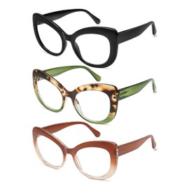 AMOMOMA 3 Pack Stylish Oversized Cat Eye Reading Glasses for Women Fashion Readers Blue Light Square Computer Glases AM6077 C1+C2+C4 3.0