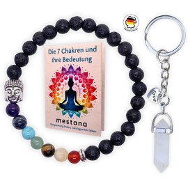 Chakra Bracelet Genuine Healing Stones, Lava Stone and Buddha Pearl + Booklet on Meaning + Quartz Crystal Key Chain. Chakra Bead Bracelet Made of 6 mm Natural Stone. Meditation Accessories. Yoga