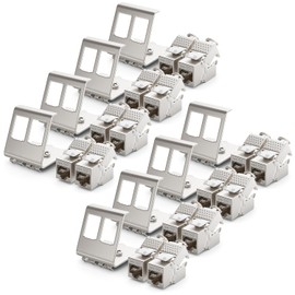 deleyCON 16x CAT6a Keystone Jack Module with 8x 2-Port DIN Rail Adapter as Set Metal STP Shielding RJ45 Socket 10 Gbps Network Snap-in Mounting for 35 mm DIN Rails