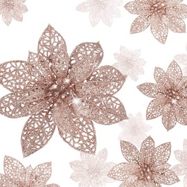 24 Pieces Glitter Poinsettia Christmas Tree Ornament Christmas Flowers Decor Ornament, 3/4/6 Inch (Rose Gold)