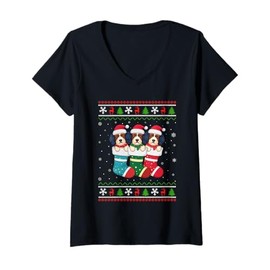 Womens Ugly Xmas Sweater Havanese Dog In Christmas Socks V-Neck T-Shirt