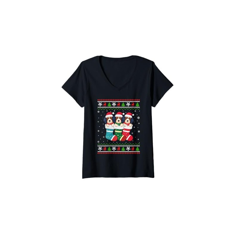 Womens Ugly Xmas Sweater Havanese Dog In Christmas Socks V-Neck