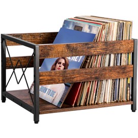 Y&M Vinyl Record Storage Crate, Wooden Storage Box, Classic Cube CD Albums Shelf Holder Organizer, Holds Up to 100+ Records, Magazine Rack for Desktop, Home, Office, Brown
