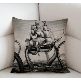 Swono Sail Boat Waves and Octopus Cotton Burlap Linen Throw Pillow Case Cushion Cover Sofa Outdoor Decorative Square 18X18 Inches