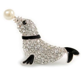 Diamante Seal Brooch (Silver Tone)