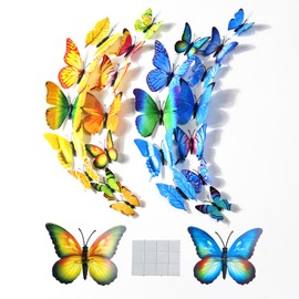 Zakora 24Pcs Realistic 3D Butterfly Stickers, Blue, Yellow