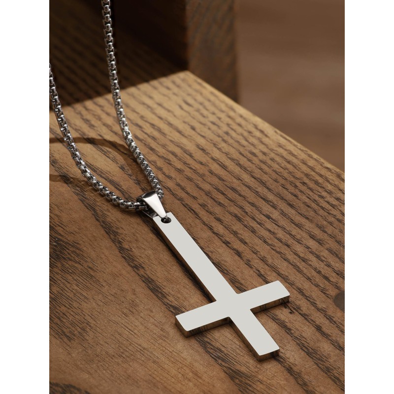 HAQUIL Inverted Cross Necklace for Men, Silver Plated Stainless Steel