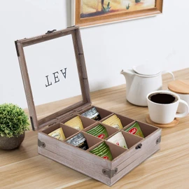 handrong Tea Box Organizer - Rustic Tea Bag Storage,Teas Bag Holder for Coffee Sugar Pods Packets & More – Elegant Tea Storage Solution for Home & Kitchen (Gray)