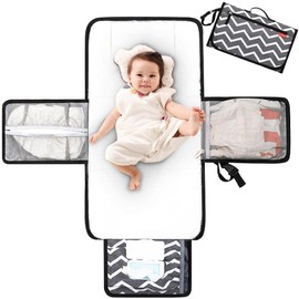 Lekebaby Portable Baby Changing Mat Travel Baby Change Mat with Wipe-Pocket and Head Cushion,White Wave