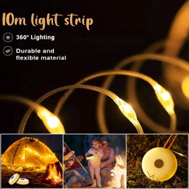 XRR Camping Lichterkette Aufrollbar, 10M LED Alpenwolken Lichterkette Wasserdichte verstaubare Lichterkette Außen verstellbare Usb Campinglampe für Garten, Wandern (warmes Weiß)