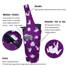 Yoga Mat Bag with Large Size Pocket and Zipper Pocket Tote Sling Carrier Cat Yoga Poses Purple Yoga Bag Fit Most Size Mats Holds More Yoga Accessories
