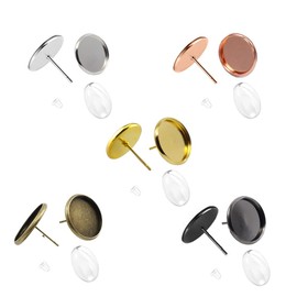 Stud Earring Post Kit 150 PCS Stud Earring Cabochon Settings 50PCS Stainless Steel Blank Stud Earring with 50PCS Glass Dome Cabochons and 50PCS Earring Rubber Backs for DIY Earring Making (5 Colors, 12mm-50PCS)