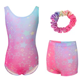 zffriction Girls' Gymnastics Leotard with Shorts and Headband Set Children's Gymnastics Leotard Dance Clothing, Colourful stars