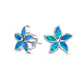 Blue Created Opal Inlay Petals Flower Stud Earrings For Women For Teen .925 Sterling Silver October Birthstone