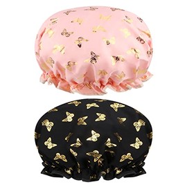 2 Packs Shower Cap Elastic Band Waterproof Bath Caps Double Layers Reusable With Ruffled Edge Covering Ears for Girls and Women