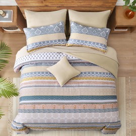WONGS BEDDING Bohemian Double Duvet Cover Set Beige Khaki Colorful Boho Striped Bedding Set with 2 Pillowcases Soft Microfiber Moroccan Quilt Cover 200x200cm