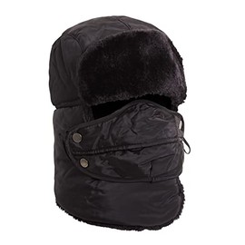 Heatwave 3 in 1 Trapper Hat with Mask Removable Full Face Cover Showerproof Trooper Hats Mens Adults Womens Faux Fur Lining Neck Warmer Ear Flap Skiing Cycling Cap, Black