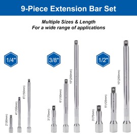 DAKCOS 9 Pieces Drive Socket Extension Set Includes 1/4 3/8 1/2 Inch drive Extensions Premium Chrome Vanadium Steel with Mirror Finish