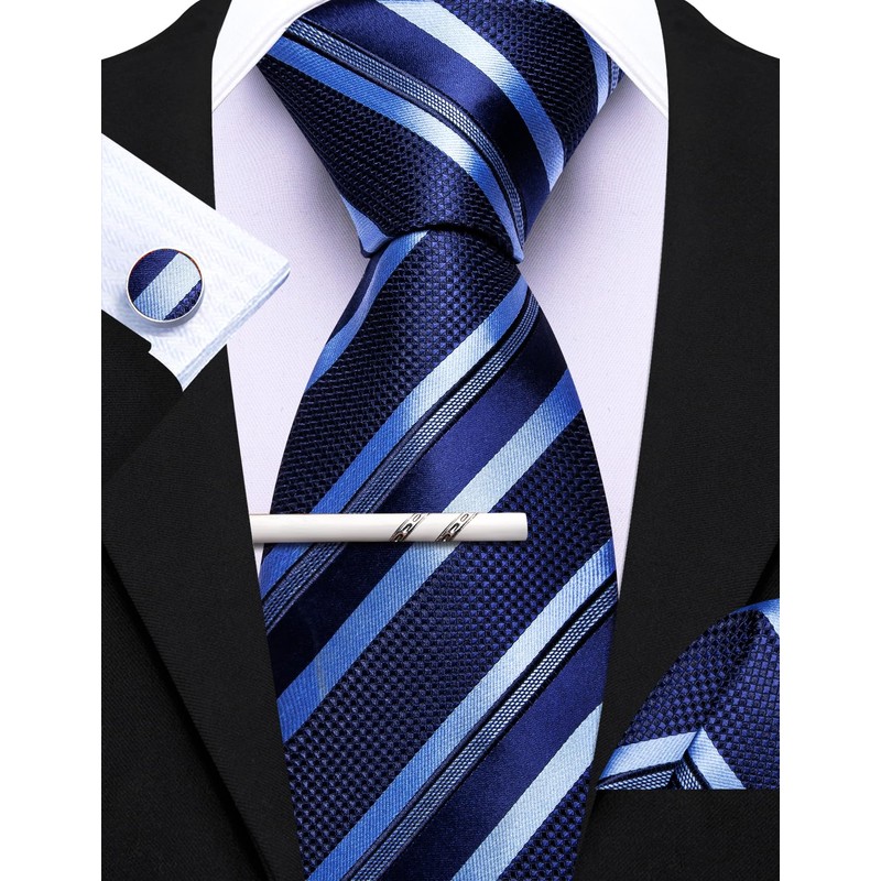 Barry.Wang Men's Silk Business Ties with Handkerchief Cufflink Stripes Plaid