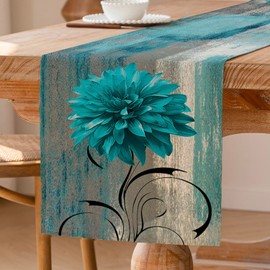 ViaElayu Table Runner Teal Retro Table Runner with Flower Farmhouse Table Decoration Rustic Oil Painting Table Runner Accent Table Decorative Cloth 40x140cm for Kitchen Coffee Holiday Party Wedding