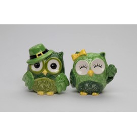 Fine Ceramic St. Patrick Irish Owl Couple Salt & Pepper Shakers Set, 2-5/8" H