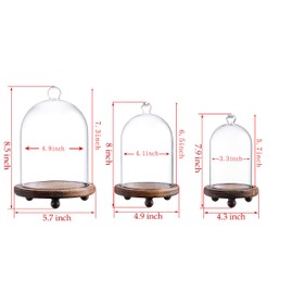 KMwares 3pcs Glass Bell Shape Dome(5.7"/4.9"/4.3") | Cloche Display various decor and accessories with Wood Base