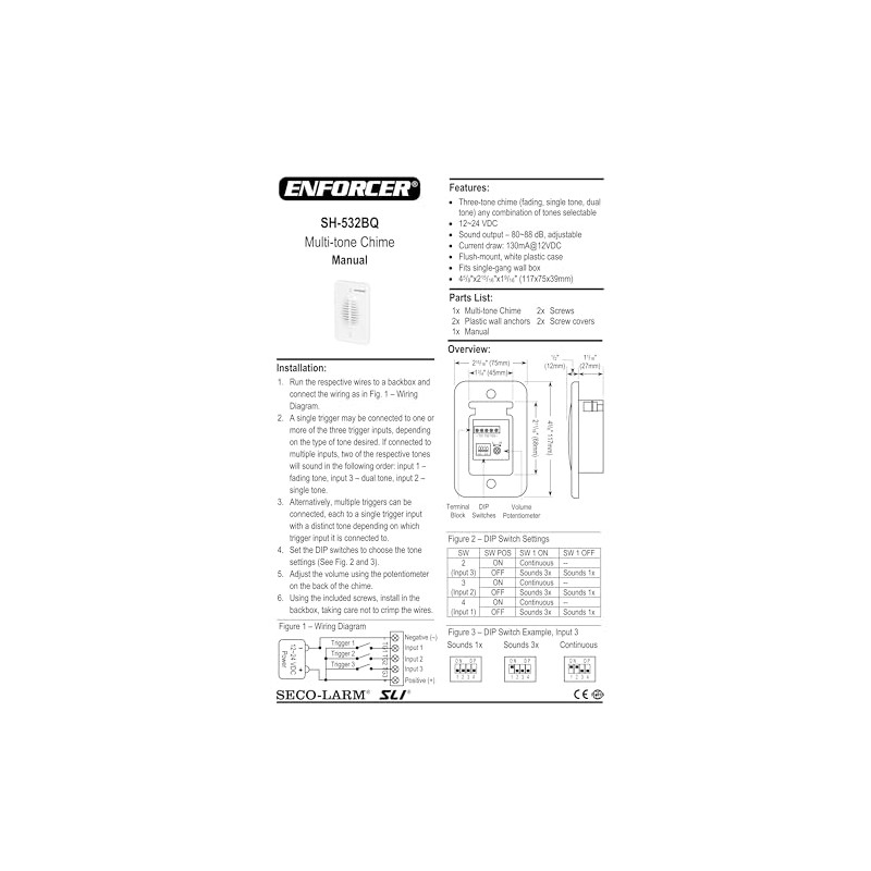 Seco-Larm SH-532BQ Flush-Mount Multi-Tone Chime, White Plastic Case, 3 Selectable