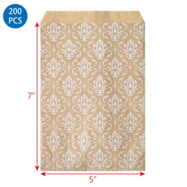 MOOCA 200 Pcs Damask Kraft Paper Gift Bags Bulk, Small Business Bags, Small Jewelry Bags, Candy Bags, Popcorn Bags, Cookie Bags, Treat Bags, Bags for Packaging, 5 W x 7 H in, Kraft with White Damask