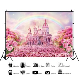 ASDCXZ Princess Castle Backdrop 7x5FT, Fantasy Pink Castle Flowers Rainbow Photo Backdrop, Vinyl Photography Backdrop for Girl Birthday Wedding Party Photo Studio Shoot