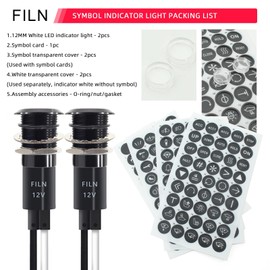 FILN 2 Pcs 12MM(1/2'') LED Indicator Light 180 symbols Metal Dash with Wire Suitable for Car Dashboard Marine Truck Machinery Industrial Electrical Equipment (Black Anodized, [Whlte]/ 2 Pcs)