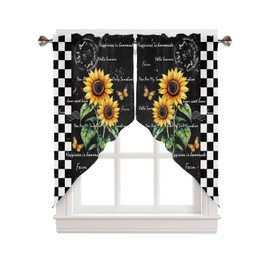 EwdeWwo Sunflowers Swag Curtains Buffalo Plaid Black Rod Pocket Kitchen Curtains Valances Scalloped Small Window Treatment Swag Valance Curtains for Living Room (28" W x 36" L Each Panel)