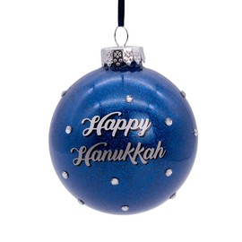 Kurt Adler 80mm Glass Happy Hanukkah Blue Ball Ornament