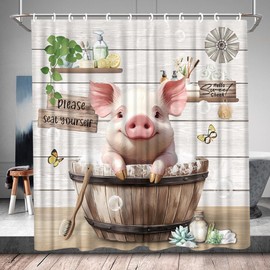 Funny Pig Shower Curtain Cute Pink Animal in Bathtub Farmhouse Vintage Old Wooden Board Rustic Country Wood Watercolor Fabric Bathroom Decor Accessories Set with Hooks 70W x 70H Inch