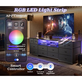 Huuger 63 Inch Dresser TV Stand with LED Lights, Power Outlets and USB-C Port, 12 Fabric Drawer Dresser for Bedroom, Wide Entertainment Center for 65, 70 Inch TV, Open Shelf, Black