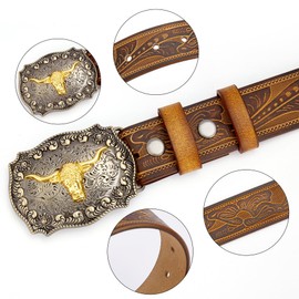 BISON DENIM Men's Western Double embossed leather belts with golden Cowboy Longhorn Bull Pattern Floral Engraved Buckle Belt studded buckle replaceable belt buckle
