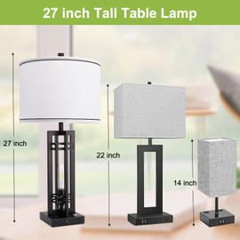 Farmhouse Table Lamps for Living Room - 27" Tall Table Lamps Set of 2 with USB C+A Charge Ports & Outlet, 3-Way Dimmable Rustic Bedside Lamps with White Shade, Industrial Nightstand Lamps for Bedroom