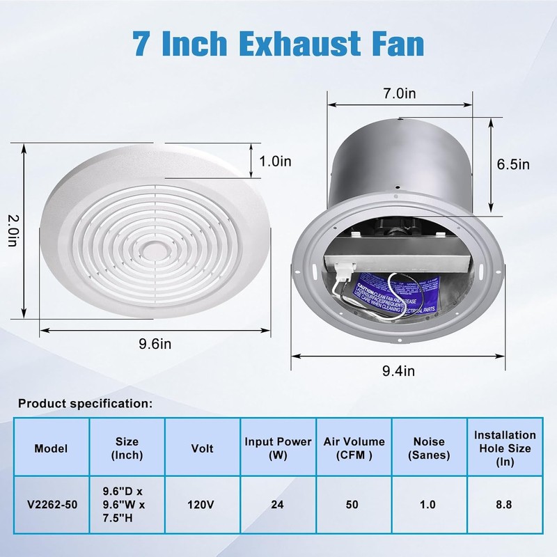 V2262-50 7 Inch Bathroom Exhaust Fan, 50 CFM Ceiling Exhaust