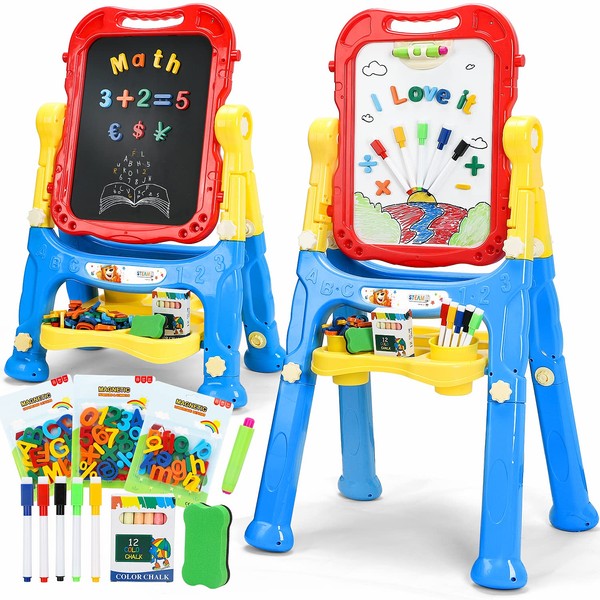 STEAM Life Easel for Kids Art Easel for Toddler Easel - 4in1 Double-Sided Large Magnetic Board Kids Chalkboard Easel Drawing White Board for Kids with Magnetic Letters & Numbers Easy Storage Portable