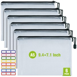Mesh Zipper Pouch, 6PCS Waterproof Plastic Mesh ZipperBag, A5 Size Tear-Resistant Document Pouch, Extra Large Zip File Bags, for School Office Supplies Home Travel Storage(9.4×7.1 Inch)