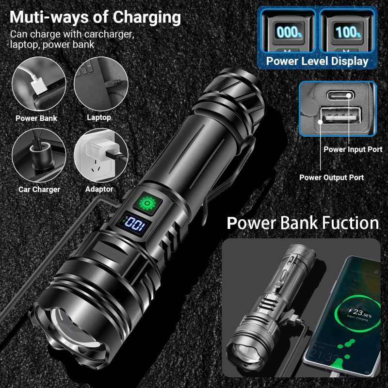 Garberiel 1000000LMS Powerful Rechargeable LED Flashlight Tactical 30W Zoom Torch