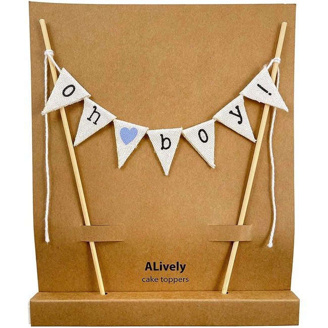 ALively Oh Boy Cake Topper White Flag Burlap Banner - Oh Baby Blue Bunting Cake Banner for Baby Shower Decorations, Gender Reveals, Welcome Baby Parties