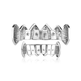JINAO Hip Hop Silver Vampire Grills for Your Teeth 14K Gold Plated Face Iced Out CZ Diamond Mouth Grillz for Men Women Top Bottom Teeth Grills with Extra Molding Bars (Silver)